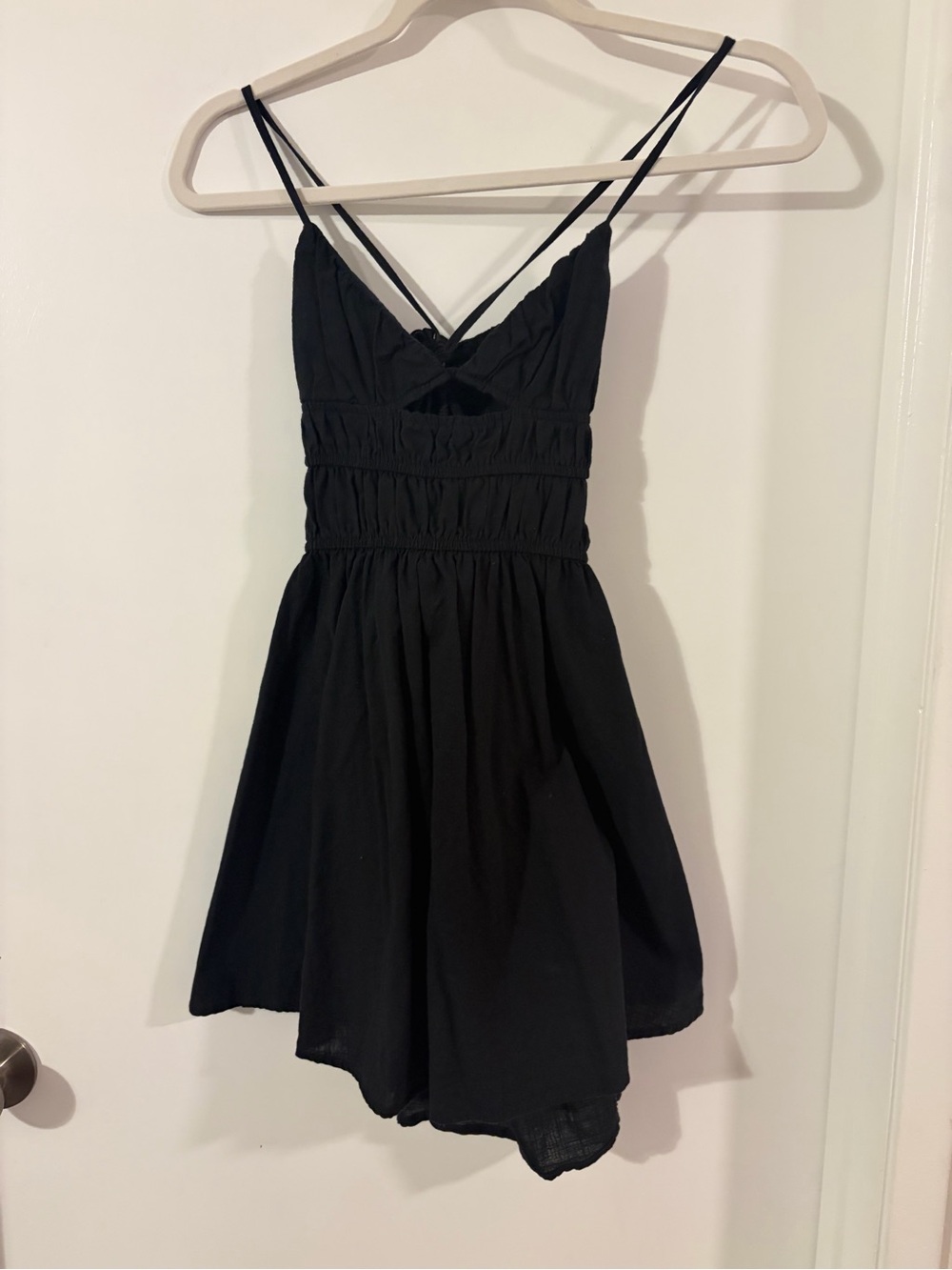 Black Spaghetti-Strap Mini Dress with Smocked Waist